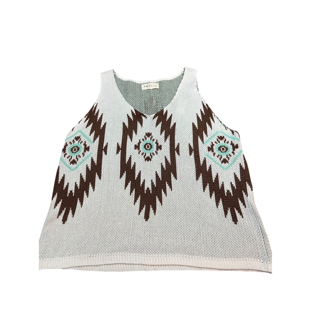 Amoli Womens‎ Southwestern Geometric Knit Tank Top V-Neck Sweater Vest White S/M